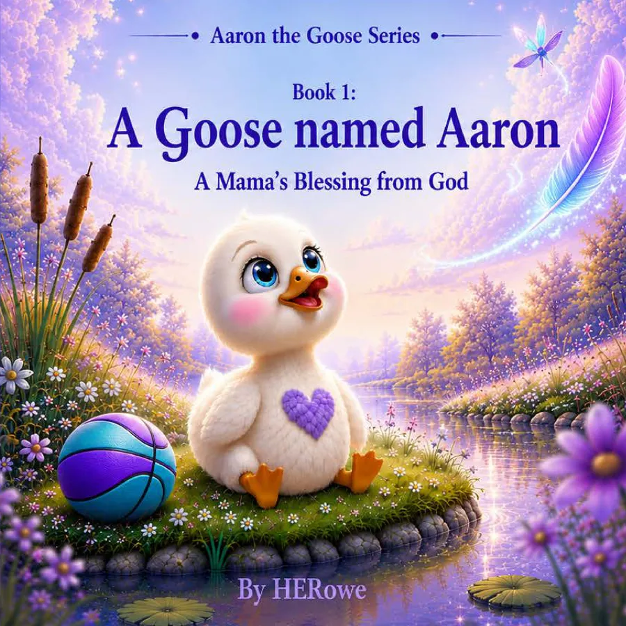 Cover of A Goose Named Aaron, a children's book with a smiling baby goose by a pond