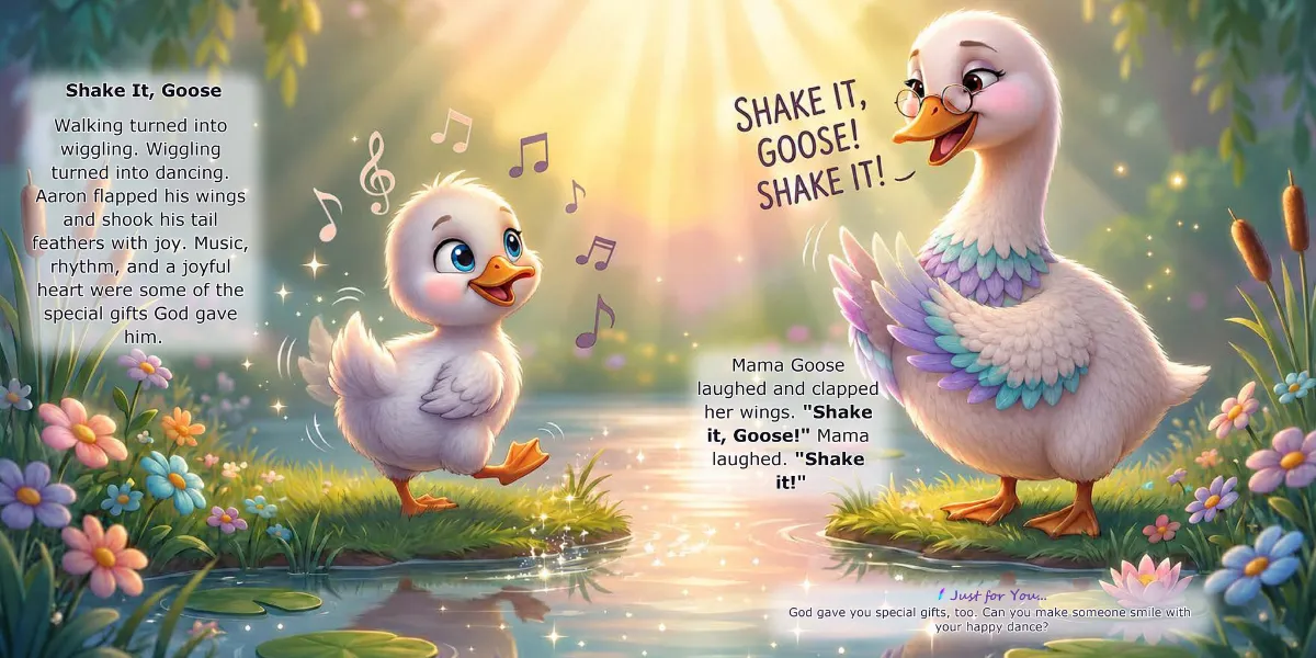 Baby goose dancing in a sunny meadow