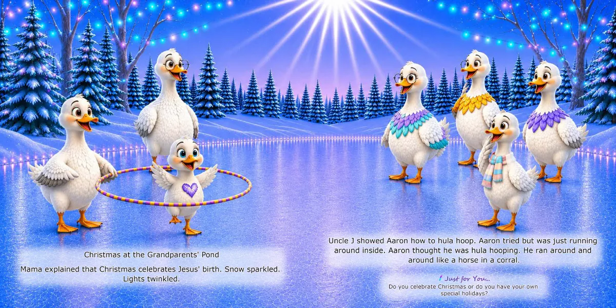 Little geese playing together on a frozen pond