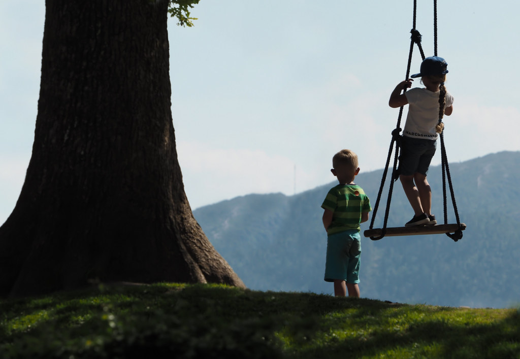 Two little ones at a rope swing under a big tree, with mountains in the distance
